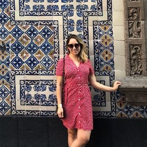 Red polka dot shirt dress